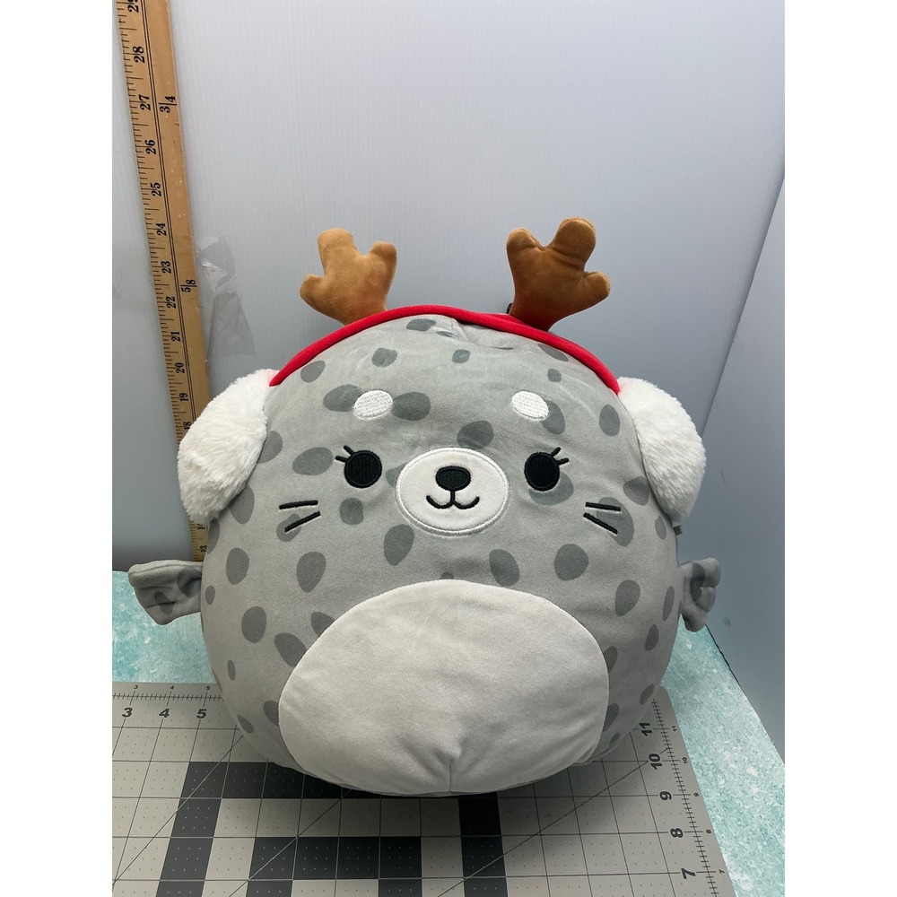 Squishmallows Grey Spotted Seal Reindeer Antlers Earmuffs Christmas Plush 12"
